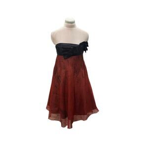 TIBI Silk Chiffon Rose Dragon Red Black Strapless Dress Bow Dance Hoco Cocktail